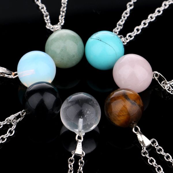 

simple natural original stone round ball pendant necklaces jewelry with silver plated chains for women men