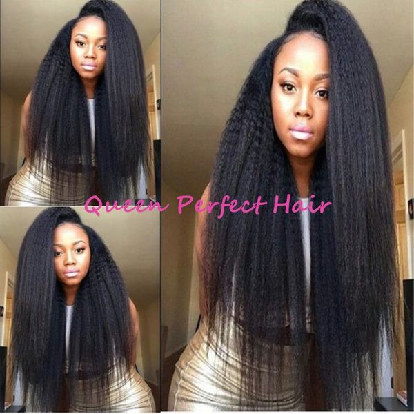 

charming kinky straight yaki synthetic lace front wig heat resistant black big yaki synthetic hair wig thick and full synthetic wig sale