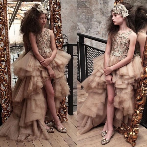 

luxury high low flower girls dresses for weddings lace applique tiered princess dress for little girl sleeveless champagne pageant gowns, White;blue