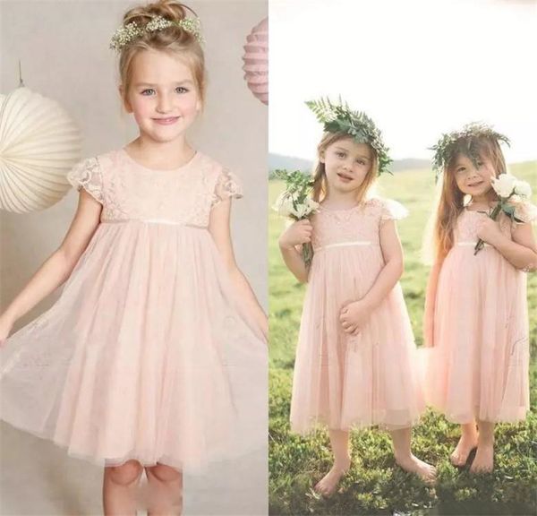 

2019 vintage pink flower girls dresses for weddings jewel neck short sleeves lace kids formal wear knee length girls pageant gowns, White;blue