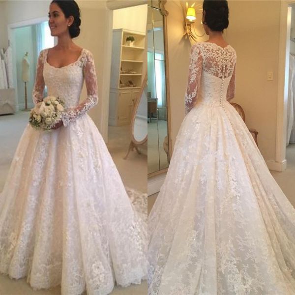 

2019 lace wedding dresses elegant long sleeve square neckline buttons back court train bridal gowns custom made, White