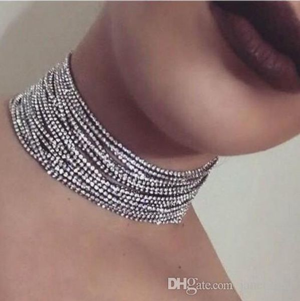 

20 rows rhinestone chokers necklaces gold/silver filled multi layer full rhinestone party necklaces, Golden;silver