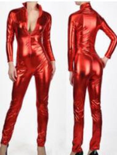 Sexy Brilhante Matellic Lycra Vermelho Spandex Zentai Terno Catsuit Bodysuit Macacão de Dança