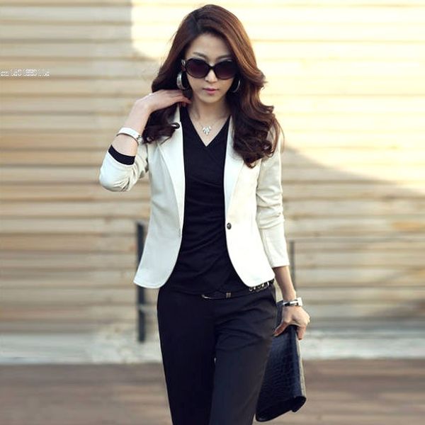 

wholesale- 2016 fashion autumn winter women slim lady coat casual jackets long sleeve collar one button suit outerwear 34, Black;brown