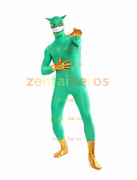 

green and yellow metallic lycra spandex superhero halloween party cosplay zentai suit, Black;red