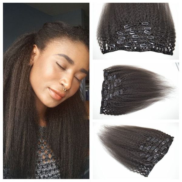 

3a,3b,3c kinky straight clip ins hair extensions 12-26inch 7pcs/lot 120g malaysian human hair weave g-easy, Black;brown