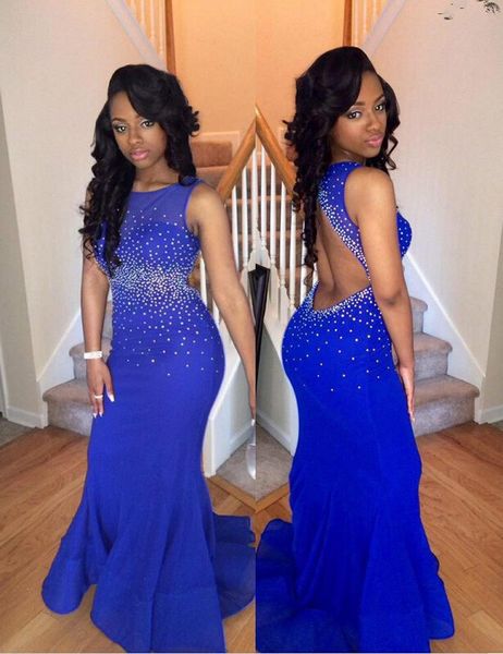 

Sexy Mermaid Royal Blue Prom Dresses 2019 Newest Scoop Backless Chiffon with Crystal Party Dress Sexy Vestidos Formal Gowns Evening Dresses