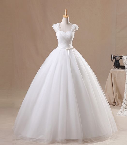 

romantic ball gown princess wedding dresses cap sleeve flowers tulle floor length bridal gowns vestido de noiva custom, White
