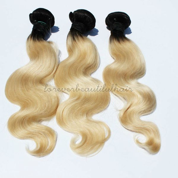 

настоящее качество 3 шт. ombre блондинка малайзии плетение волос пучки волос объемная волна темные корни блондинка наращивание волос 1b 613, Black