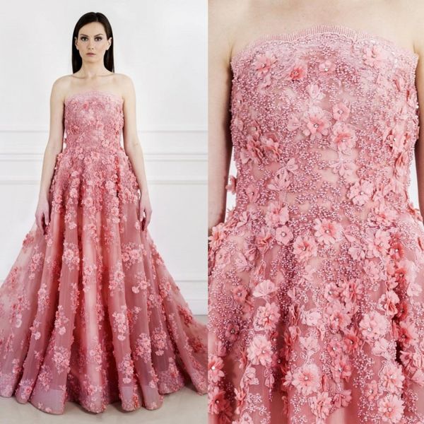 2019 talão de bebê rosa vestidos de noite sexy strapless 3d floral apliques vestido de baile plus size formal longo vestidos de baile