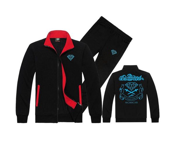 

w852 diamond supply sweat suit knitting leisure sports / male embroidery stripe hoodie + casual sports pants s-5xl, Black