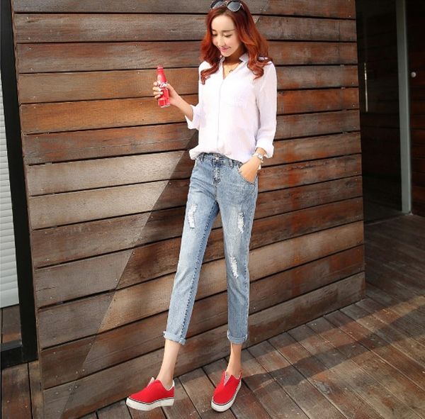 

2016 autumn fashion edition, elastic shaping, holes in jeans, fashion ladies trousers, feet nine pants, haren pants., Blue