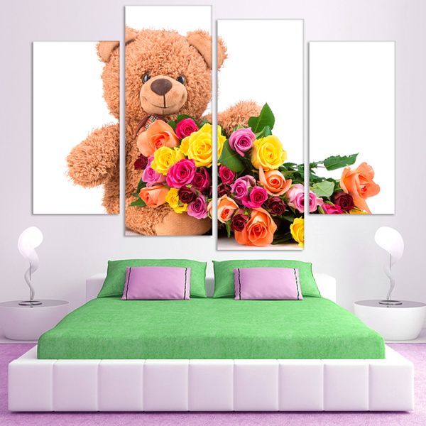 

красочный белый медведь и цветок холст арт принт-постер, настенные панно для детской спальни, без рамки оптом