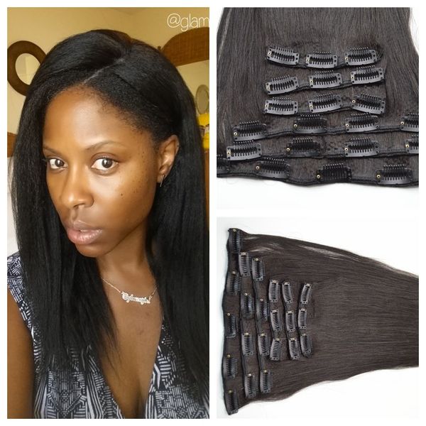 

clip in indian hair 120g natural color clip human hair extensions 18inch yaki straight indian clip ins g-easy, Black;brown