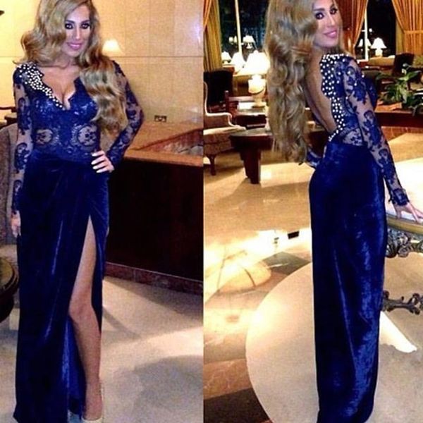 

Robe De Soiree 2019 Long Sleeves Chiffon High Slit Evening Gown Beaded Elegant Long Evening Dress Party moroccan kaftan dresses