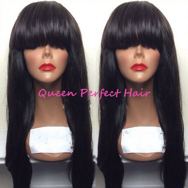 

long natural synthetic hair straight silk black color wig heat resistant synthetic none lace wigs with full bangs for women fast shipping