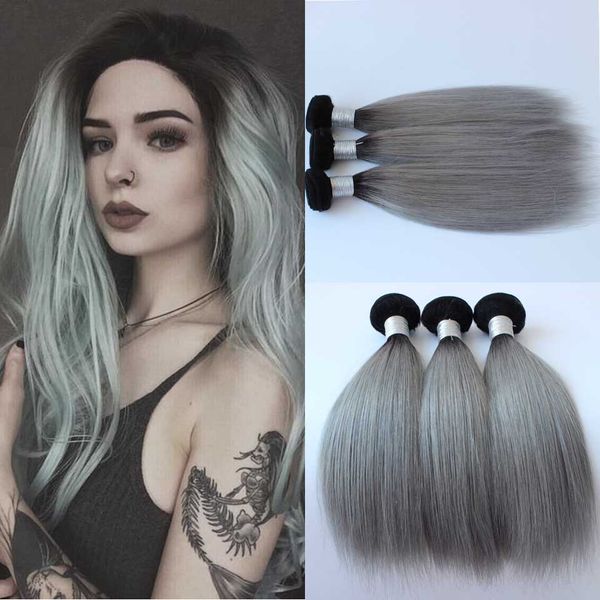 

new arrival brazilian 3pcs/lot ombre silver grey hair weaving 1b/gray two tone brazilian human hair extensions hair bundles, Black