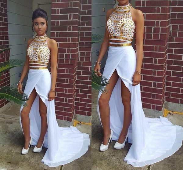 

two pieces dresses prom dress high neck halter sleeveless gold beaded handmade front split chiffon prom evening dresses custom made, Black