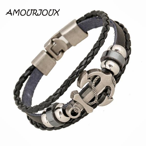 

BEIJIA Handmade Retro Leather Woven Anchor Charm Bracelet Men Vintage Braided Bracelets Bangles Male Jewelry