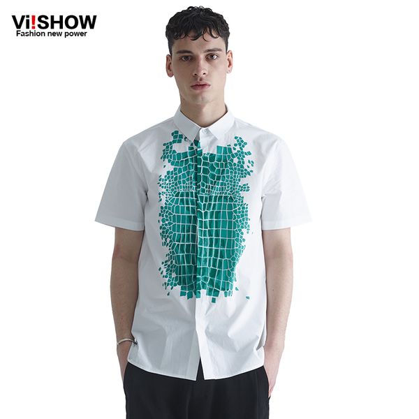 Wholesale-Viishow Casual Shirts Short Sleeve Men Blouse Summer Print Shirt and Cotton White Social Sport Dress Shirt Men Clothing