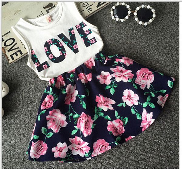 

new children girls sleeveless dress outfits letter love vest+floral skirt 2pcs/set baby kids clothing c1019, White