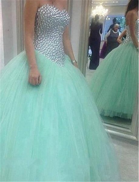

glamorous sweetheart mint green quinceanera dress crystal tulle ball gown prom gowns rhinestones bling bling 16 dress, Blue;red