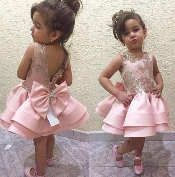 

pink first communion dresses for little girls v backless crystals beaded big bow short flower girl dresses gold applique kids gown, White;blue