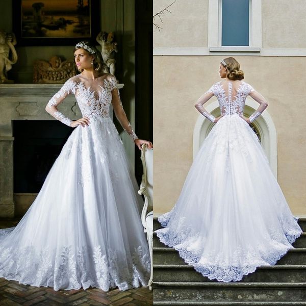 

vestido de noiva praia 2018 see through long sleeve wedding dresses tulle lace wedding dress robe de mariage bridal gowns, White