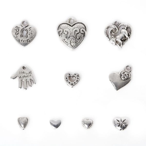 

new 2016 new 155pcs zinc alloy heart pendants charm mixed antique silver plated charms metal jewelry findings for diy making, Bronze;silver