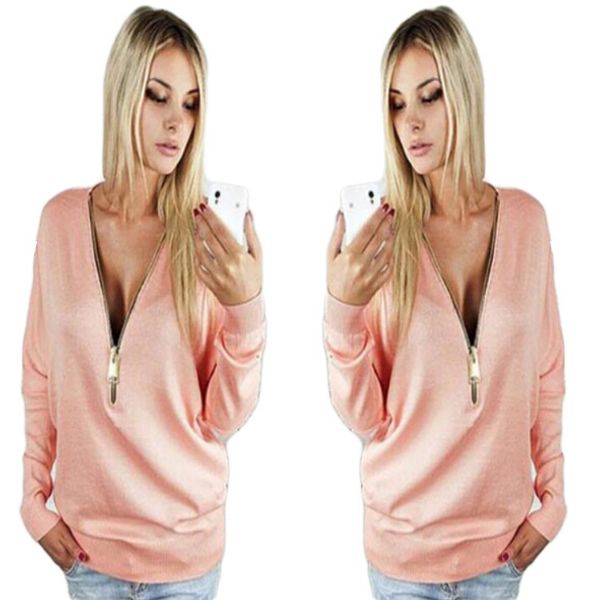 

women zipper hoodies v-neck autumn spring long sleeved clothes bottoming tees sweatshirts, Black