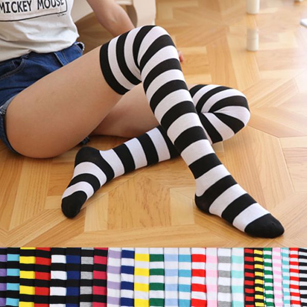 Calzini alti al ginocchio a righe per ragazze grandi Calzini alti alla coscia zebra stile giapponese per adulti Calze primaverili 21 colori per Natale Halloween C2667