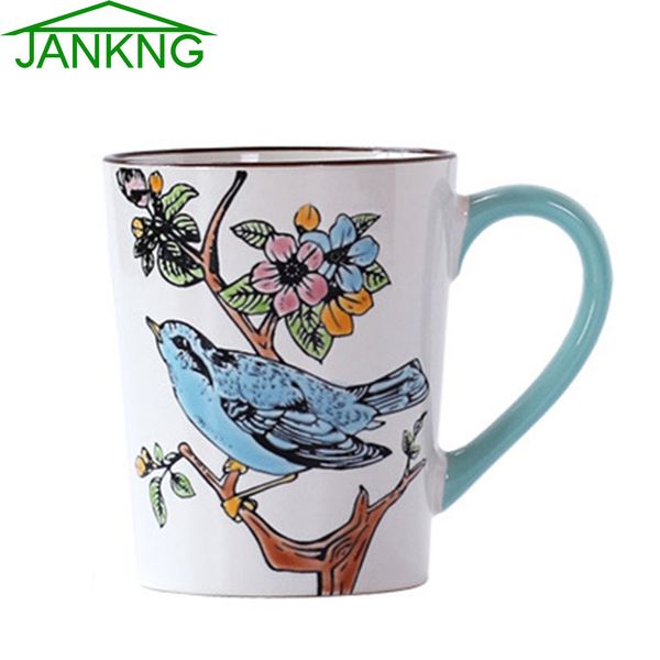 JK главная 435ml ретро керамические кружки животных кофе ручная роспись кружка кофе Чашка цветок путешествия кружка чашка подарок на День Рождения птица Лотос молоко чашка чая JKOS8