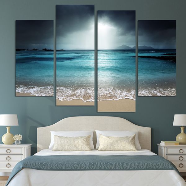 

4 панель современные wall art украшения дома безрамное живопись отпечатки на холсте картины морской пейзаж с пляжем без рамы (без рамки