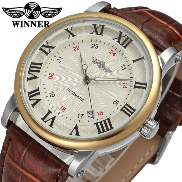 

winner 2021 gentlemen series golden bezel calendar business fashion design watch men brand luxury automatic male wrist watch, Slivery;brown