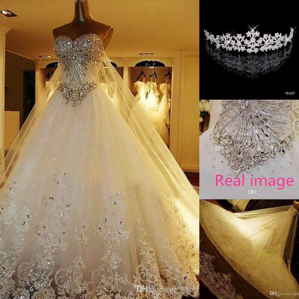 

Real image luxury cry tal wedding dre e lace cathedral lace up back bridal gown 2019 a line weetheart applique beaded garden crown