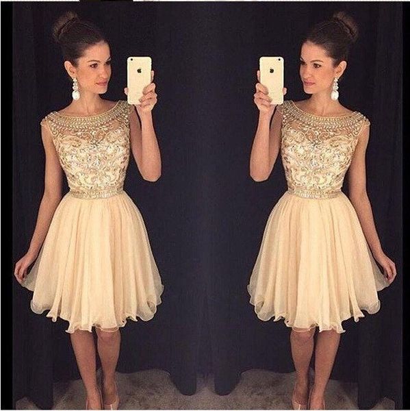 

crystal cap sleeves short homecoming dresses scoop neck tulle chiffon knee length custom made champagne gold prom dresses party dresses, Blue;pink