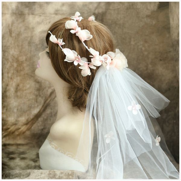 Wedding Bridal White Elbow Veil Pink Flower Headband Hair