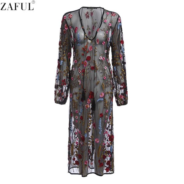 

wholesale- zaful women dress deep v neck embroidery dresses balck casual basic feminino vestidos mesh floral embroidered sheer dress, White;black