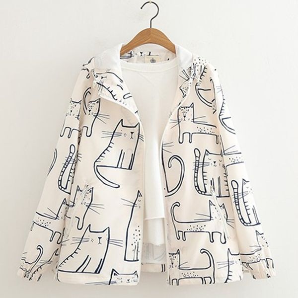 

wholesale- 2017 spring new women jacket mori girl cute cat print loose zipper hooded long sleeve casual jacket coat female outerwear, Black;brown