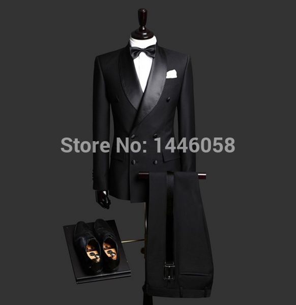 Atacado- Best Selling 2017 Groomsmen Black Double Breasted Groom Terno dos homens ternos de casamento dos homens smoking para homens jaqueta de noiva + calça + gravata