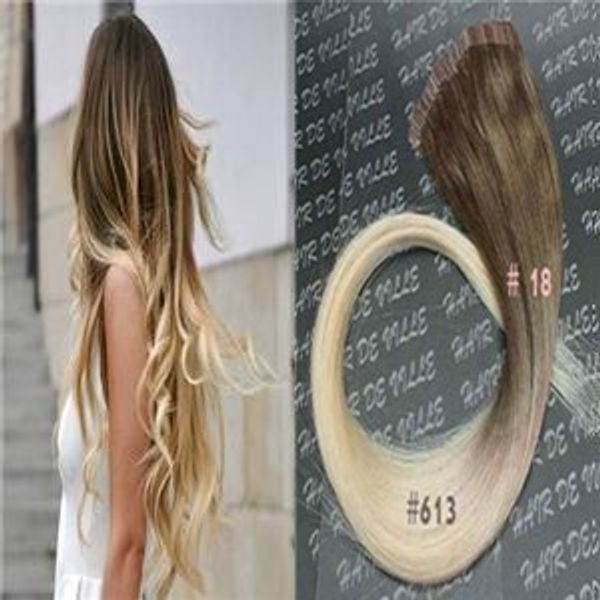 Fita Ombre em extensões de cabelo humano 100g virgem peruana peruana remy cabelo 40piece PU pele trama fita na cor de extensões de cabelo humano # 18/613