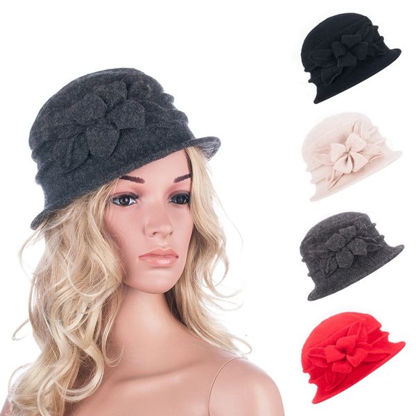 Boina feminina Gatsby estilo anos 20 retrô inverno quente de lã gorro balde floral casual elegante chapéu A281