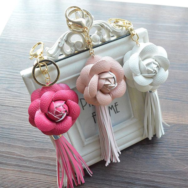 

charm leather camellia flower key chain tassel flower key chain women keyrings female bags car mobile phone pendant keychains b787q, Silver