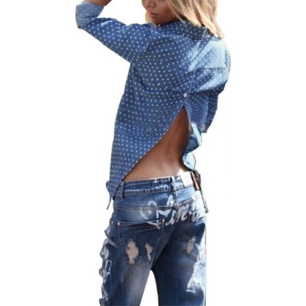 

2016 Новейшая осенняя рубашка Blusas Мода Женщины Европа Стиль Повседневная блузка Топ Длинные рукава Blue Отворотные кнопки Назад Сплит рубашка