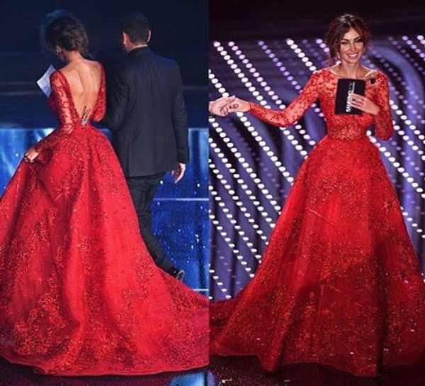 

red backless long sleeve formal evening dresses lace applique bead a-line floor length elegant prom dress rec carpet celebrity gowns, Black;red