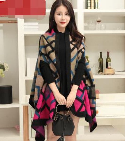 

women patchwork plaid poncho cashmere scarf grid cape lattice poncho wrap shawl blanket cloak collar jacket coat ing, Blue;gray