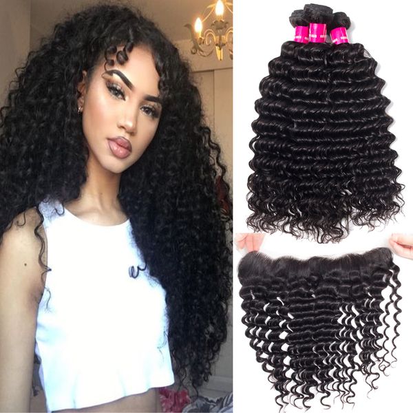 

7a brazilian deep wave 3 bundles hair weft with 1 ear to ear 4x13 lace frontal closure virgin human hair unprocesse brazilian peruvian hair, Black;brown
