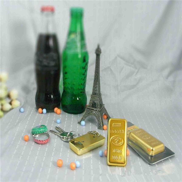 

Original 2 in 1 gold bullion gold bar bottler beer opener with keychain bar drinking gold bottle opener key ring gadget for home party gift