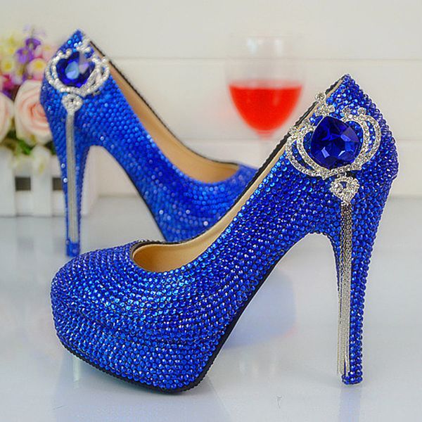 Moda artesanal azul real strass sapatos de casamento dedo do pé redondo deslizamento-on salto alto stilettos baile de formatura bombas plus size 44 45277t