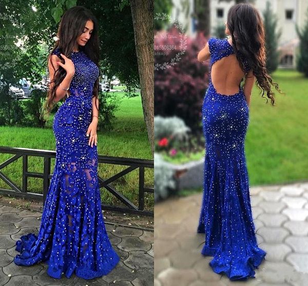 

royal blue lace prom dresses shiny beaded crystal mermaid backless evening dress women formal graduation party dress, Black
